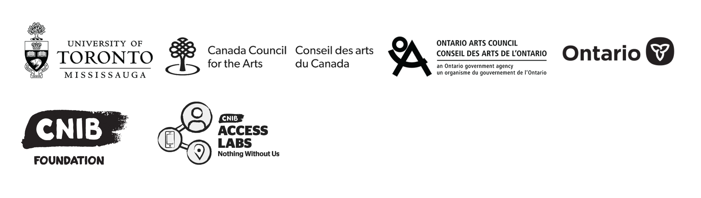 Two rows of logos (from left to right): University of Toronto Mississauga, Canada Council for the Arts, Ontario Arts Council, Government of Ontario (top row). CNIB Access Labs and BlindSquare App (bottom row).