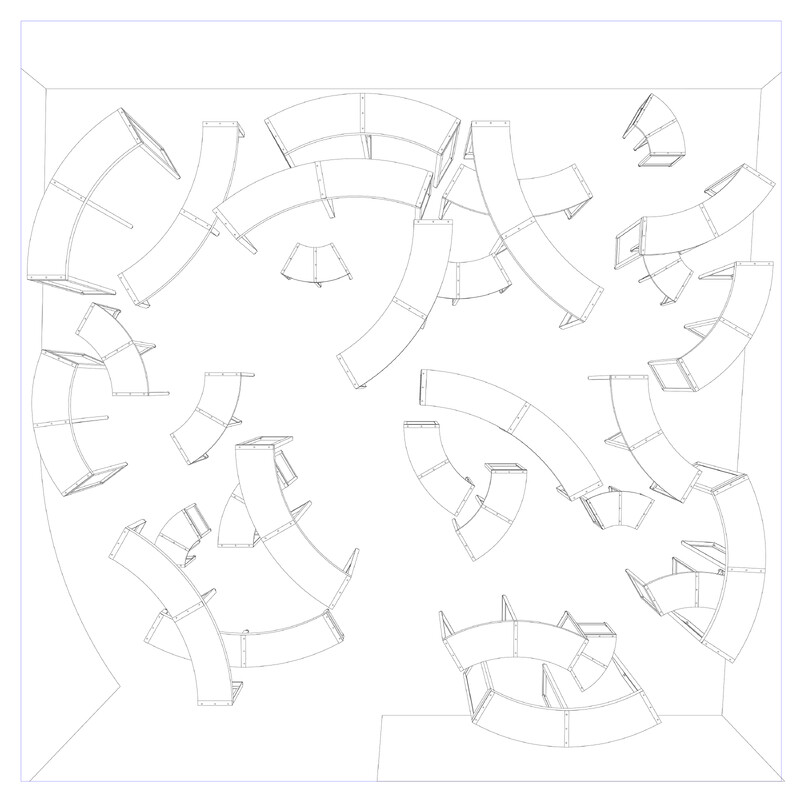 A line drawing on white background of a configuration of furniture in which curved pieces of furniture are scattered throughout the space, sometimes overlapping.