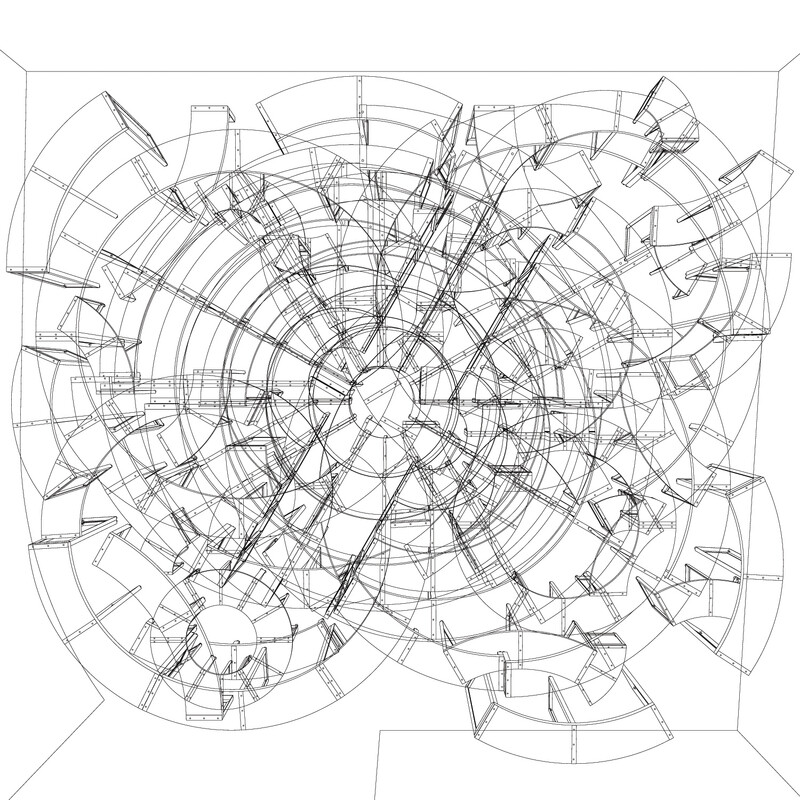 An overlay of six line drawings based on six possible configurations of a series of curved interlocking pieces of furniture.