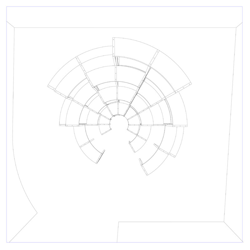A drawing of a configuration of furniture, which resembles a multi-teared semi-circular amphitheatre.