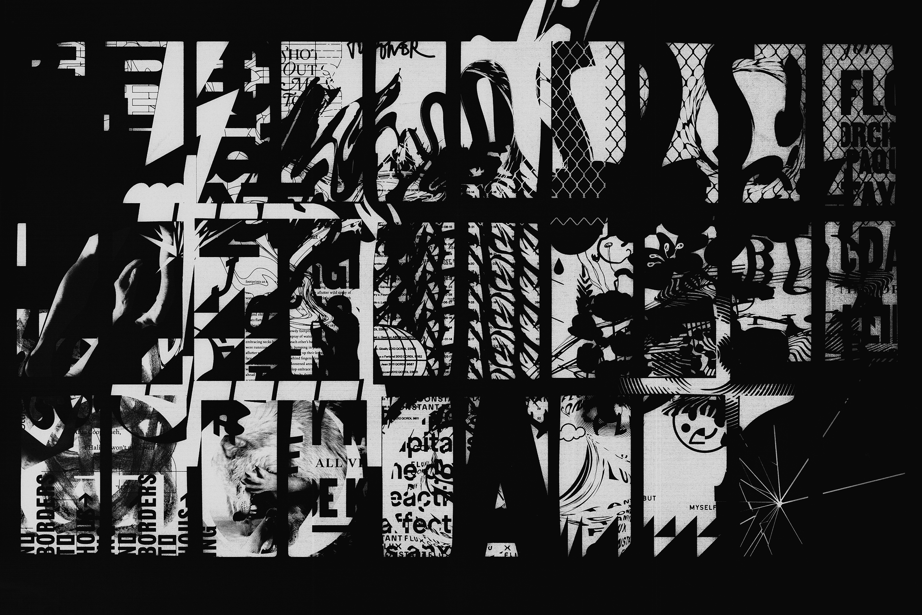 A white illustration sits on top of a stark contrasting black background. An abstracted grid of 30 comic-like panels fills the frame, weaving together negative and positive space. This highly graphic and design-oriented illustration takes form in many different styles. Multiple typefaces, shapes, figures, and design elements overlay and abstract each panel, bleeding out into the deep space of the black background.