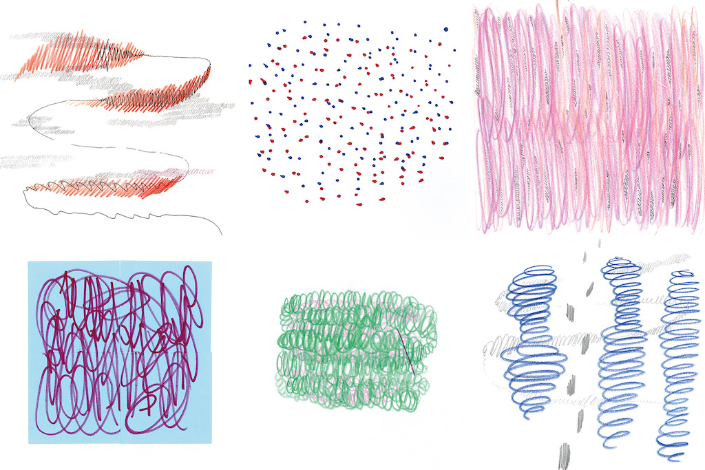 This image is a grid of six abstract hand-drawn sketches, each in a distinct style and colour palette. From left to right, clockwise: 1) red-orange pencil crayon strokes resembling gentle waves or clouds; 2) a scattering of blue and red tiny dots made with markers; 3) layers of vertical pink pencil crayon loops; 4) a vibrant, chaotic purple scribble on a light blue square background; a compact block of green pencil crayon scribbles forming a rectangular patch with light pink scribbles underneath; 5) a maroon coloured diagonal line overlays the pencil crayon; 6) vertical blue spiral loops drawn in pencil crayon, with light grey pencil marks interspersed throughout.
