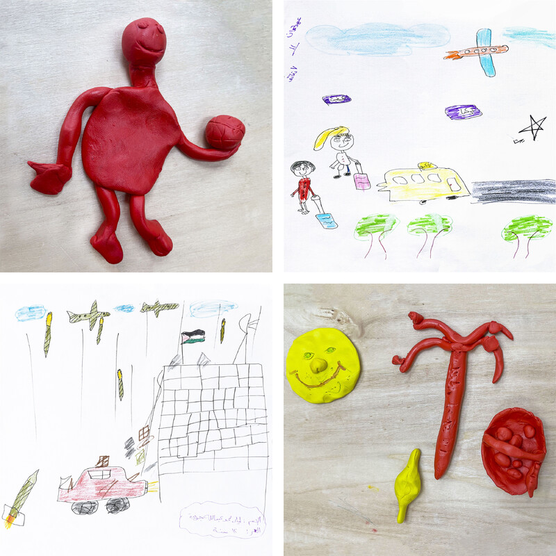  Four images placed in a grid: the upper left and bottom right images depict red and yellow clay children's sculptures of a smiley face, palm tree, and a smiling child holding a ball; the upper right drawing depicts an imaginative scene of travel; and the bottom left drawing shows a scene of destruction with warplanes, falling rockets, and a Palestinian flag.