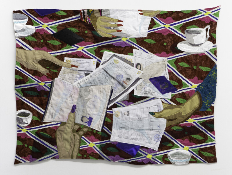 An image rendered in fabric shows hands with painted nails holding documents and passports. One hand with red nails points to a stack of paper in the centre of the image. The papers sit on a tablecloth made up of pink, dark red, purple, and green floral patterns. Cups of tea are scattered around the tablecloth.