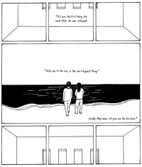 A comic strip with text that reads: “This was the first thing she said when she was released. “Take me to the sea, or the next biggest thing.” Inside, they never let you see the horizon.” The top and bottom panels depict an empty room with tall, thin windows. In the middle panel are two people at a shoreline, staring over the wide expanse of water.