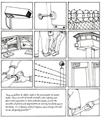 A grid of drawings depict surveillance cameras, barbed wire fences, police, and a person being handcuffed. The bottom left panel has a Hannah Arendt quote written: “There are billions of dollars made in the incarceration of human bodies. There are a lot of hands involved in this industry, but there aren’t many faces. In these authorless spaces, we hide the casualties of poverty and displacement, we even try to hide the spaces themselves. It is a tyranny without a tyrant, where nobody rules and we are all equally powerless.”