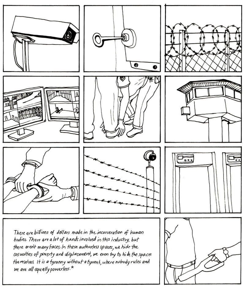 A grid of drawings depict surveillance cameras, barbed wire fences, police, and a person being handcuffed. The bottom left panel has a Hannah Arendt quote written: “There are billions of dollars made in the incarceration of human bodies. There are a lot of hands involved in this industry, but there aren’t many faces. In these authorless spaces, we hide the casualties of poverty and displacement, we even try to hide the spaces themselves. It is a tyranny without a tyrant, where nobody rules and we are all equally powerless.”
