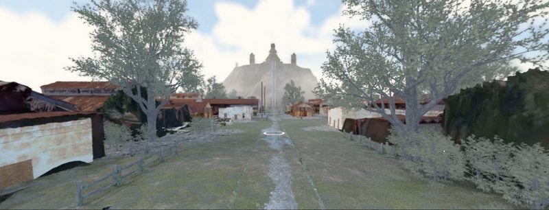 A digital rendering of a path lined with dwellings and trees that leads to Keuyeup Bodas Kingdom located on a peak. In the background is a blue sky with white clouds.