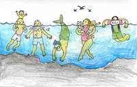 A coloured-pencil crayon drawing of people of all ages swimming, standing, floating, and treading in blue water above an uneven foundation. This image includes the depiction of a child on the shoulders of an adult, an older man surrounded by fish, a mermaid, a woman holding two babies, and a person with a lifebuoy ring.