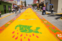 A brightly coloured rug made from sawdust decorates a street in the Mexican city of Ecatepec. In the foreground of the ex-voto, a green map of Mexico with pink tear-like shapes is framed by an orange, floral border. People can be seen walking on either side of the designed sawdust rug in the background.