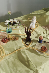 A vanitas-style image that depicts a section of a long table with several objects on a light green satin tablecloth. Objects include: a clear vase with cyan coloured water and flowers; a bunch of red grapes; two cinnamon buns, one with porcupine quills and the other plain; a pink fabric that holds a pile of uncooked oats and a plastic square tile inscribed with the word “god”; a shallow dish lined with the tops of fiddleheads and a porcelain figurine of a rabbit in the centre, submerged in a dark brown liquid; scallop sea shells; a stuffed white sock overlaid with blue marker drawings of a driver and other car signifiers; chocolate-coloured candles; a brown egg held in a blue egg cup; and a thin rubber hose woven throughout the arrangement.