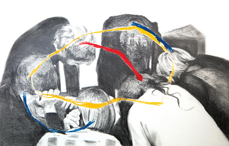 A small group of people huddles together, leaning toward one another. The faceless crowd, rendered by the stark application of graphite on paper, forms a circle punctuated by yellow, blue, and red threads.