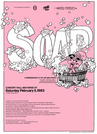 Cartoonish white block letters reading “soap” are centered on a pink background, accompanied by an illustration of two pigs in police hats enjoying a bubble bath in a wooden barrel. Black text in the lower left of the image lists dance event details. 