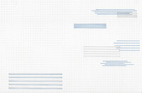  A page of graph paper is divided by compositionally in half. On the bottom left four large blue horizontal lines ground the composition. And on the right, sporadic clusters of blue and grey lines interact and overlap. 