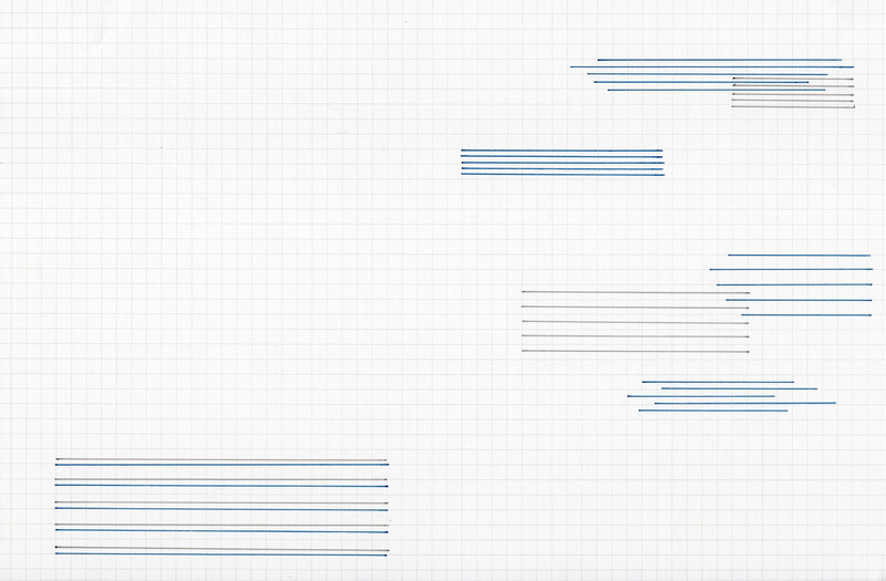  A page of graph paper is divided by compositionally in half. On the bottom left four large blue horizontal lines ground the composition. And on the right, sporadic clusters of blue and grey lines interact and overlap. 