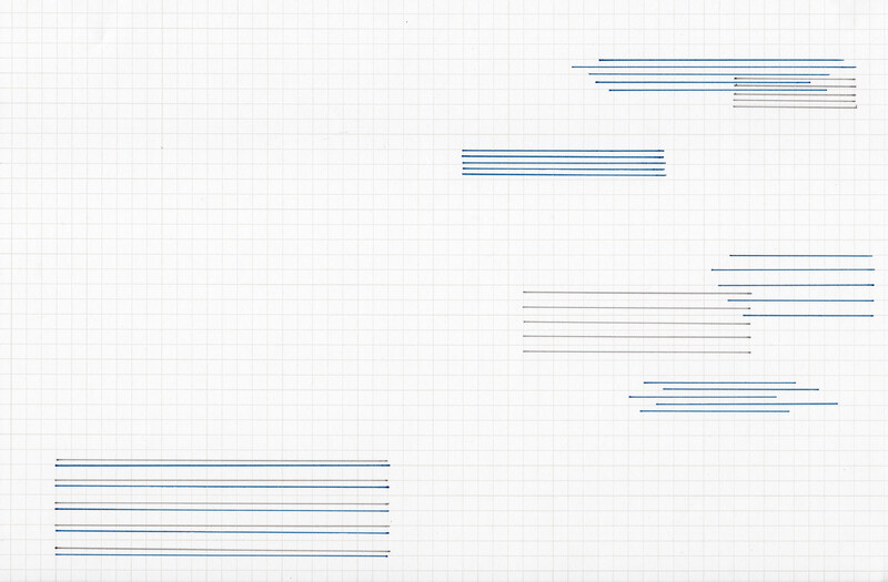  A page of graph paper is divided by compositionally in half. On the bottom left four large blue horizontal lines ground the composition. And on the right, sporadic clusters of blue and grey lines interact and overlap.&nbsp;