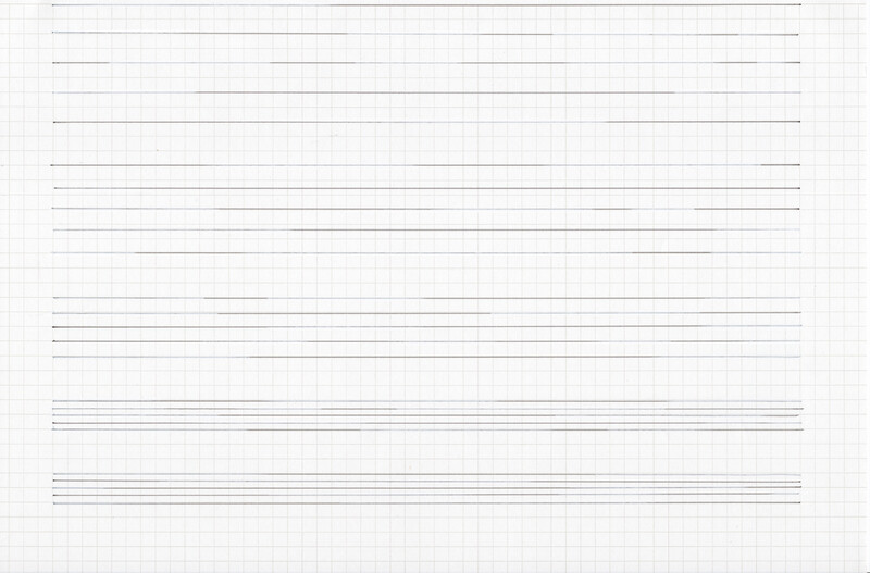 Grey lines at equal lengths fill the page of graph paper. The lines are varying in distance apart from one another, and line pressure seems to fluctuate with each individual line, resulting some lines to seem fragmented.