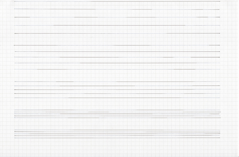 Grey lines at equal lengths fill the page of graph paper. The lines are varying in distance apart from one another, and line pressure seems to fluctuate with each individual line, resulting some lines to seem fragmented.