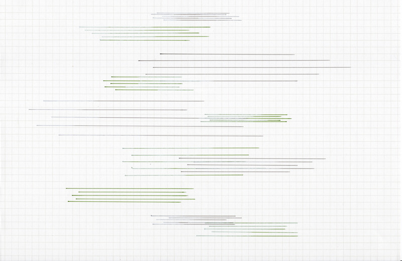 Groupings of grey and green horizontal lines at various lengths fill a page of graph paper. Most of the lines are straight but a few seem to tilt. The artist’s pressure on the drawing utensil is noticeable in some of the markings, as they begin pigmented, and halfway through begin to fade, or dissipate.  