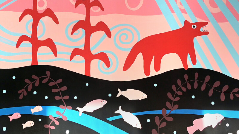 A detail image of UTSC’s community mural: The Water Walker, 2020. Details of the painting include the illustration of wind, rain, sunshine, and clouds. A red land mammal with sharp teeth stands on land near two red trees. Below them, pink seaweed, pink fish, blue bubbles and rivers flow from left to right. 