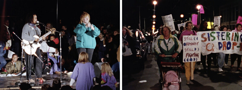 At left, Faith Nolan performs on an outdoor stage at night, holding an acoustic guitar. And ASL interpreter is seen mid-sign at right. Crowd members are partially visible in front and behind, including two children in front of the stage. At right, an image of a feminist march at night. A woman pushes a stroller in the foreground, and others with homemade banners reading “Still Feminist Still Fighting” and “Sistering Drop-in” appears behind and to her right.