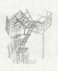 A drawing done with graphite on off-white paper in a geometric style resembling an architectural drawing. It depicts elements of home construction, like framing, roof trusses, and ladders, seen at odd and impossible angles to one another.