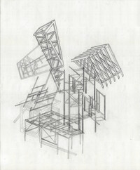 A drawing done with graphite on off-white paper in a geometric style resembling an architectural drawing. It depicts elements of home construction, like framing, roof trusses, and ladders, seen at odd and impossible angles to one another.