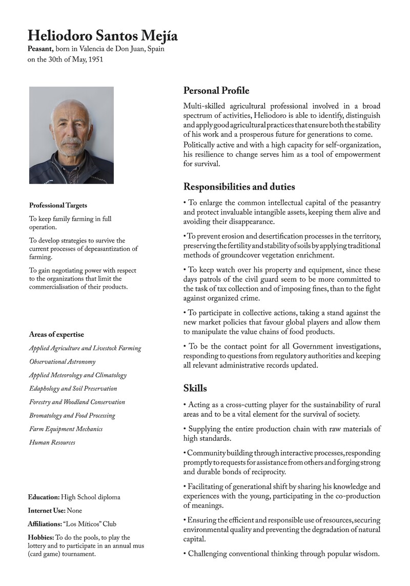 Heliodoro Santos Mejía’s CB includes their name, place of birth, a thumbnail-sized portrait, and various skills and areas of expertise. The professional resume indicates that their occupation is “Peasant,” and reveals that they are an older man in their 70s.