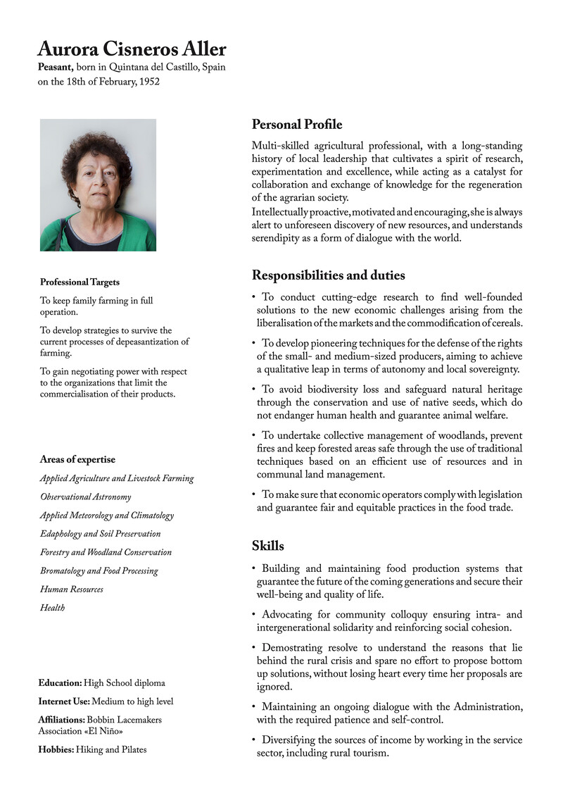Aurora Cisneros Aller’s CV includes their name, place of birth, a thumbnail-sized portrait, and various skills and areas of expertise. The professional resume indicates that their occupation is “Peasant,” and reveals that they are an older woman in their 70s.