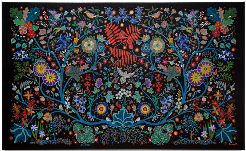 Colourful imagery of flora and fauna on a black background including varied green, red, purple, blue, and orange leaves, flowers, branches, roots, and birds.