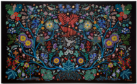 Colourful imagery of flora and fauna on a black background including varied green, red, purple, blue, and orange leaves, flowers, branches, roots, and birds.